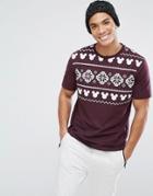 Asos Mickey Holidays Relaxed T-shirt With Fair Isle Print - Red