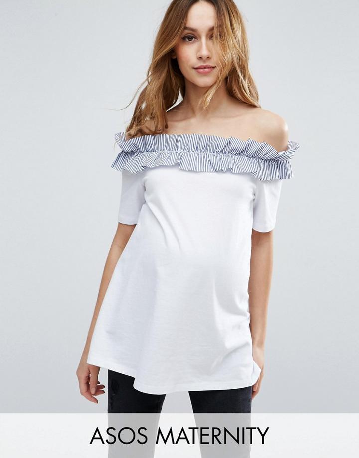 Asos Maternity T-shirt With Stripe Ruffle Off Shoulder - White