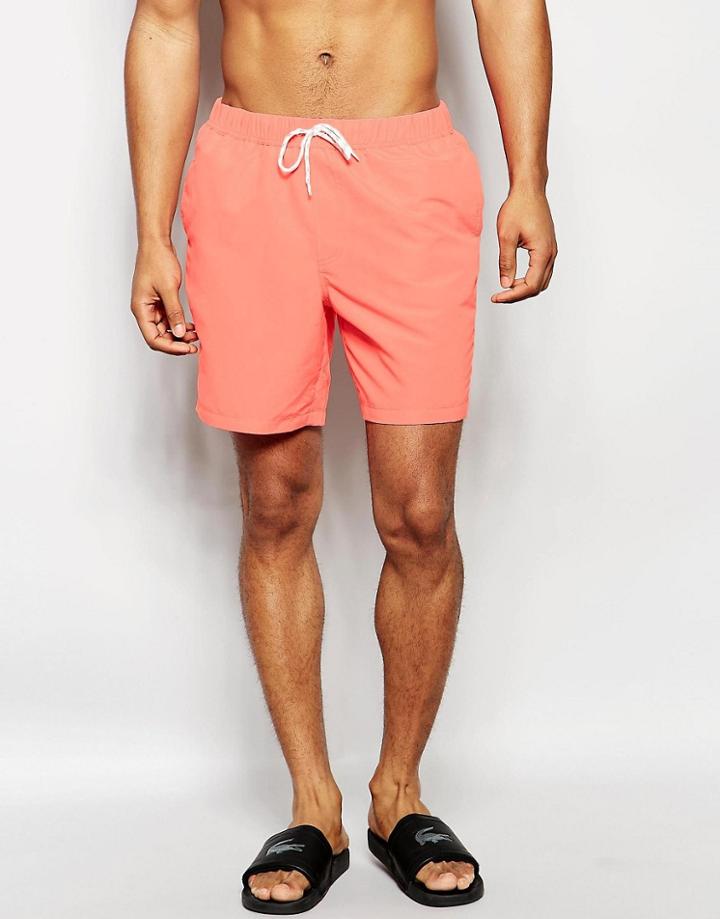 Asos Mid Length Swim Shorts In Coral - Coral