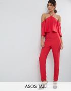 Asos Tall Jumpsuit With Ruffle Bardot And Halter Neck Detail - Red