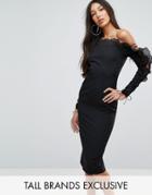 Missguided Tall Fluted Frill Bardot Bodycon Midi Dress - Black