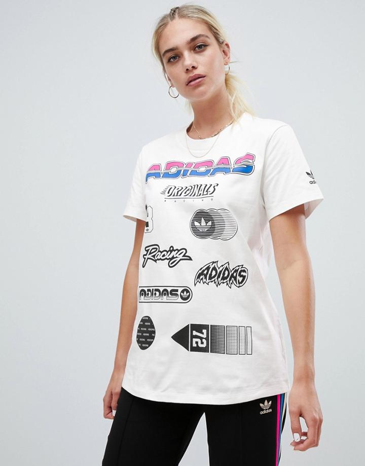 Adidas Originals Aa-42 Motorcross Wide All Over Logo T-shirt In White - White