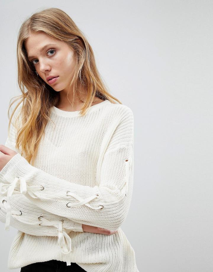 Brave Soul Sweater With Eyelet And Ring Sleeve Detail - Cream