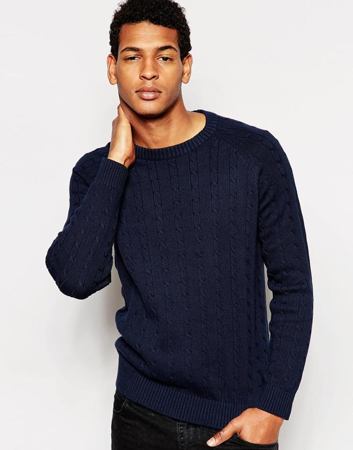 Selected Homme Cable Knit Sweater - Navy