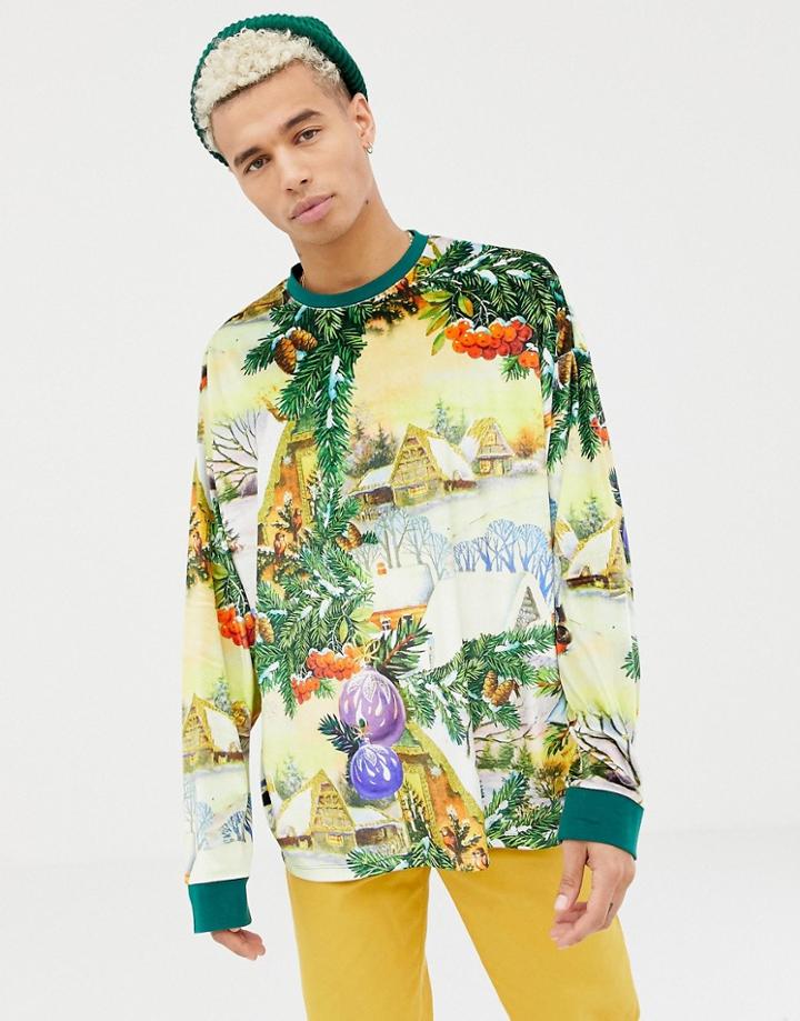 Asos Design Holidays Oversized Long Sleeve T-shirt With All Over Festive Print - Multi