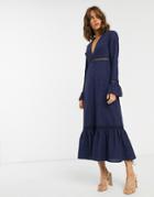 Asos Design Plunge Broderie Maxi Dress With Pephem And Fluted Sleeves In Navy