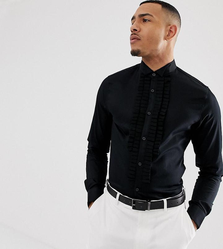 Asos Design Tall Slim Sateen Shirt With Pleated Front In Black - Black