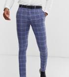 Asos Design Tall Wedding Super Skinny Suit Pants In Blue Wool Blend Check - Blue