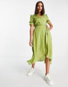 Ax Paris Polka Dot Wrap Midi Dress In Lime-green