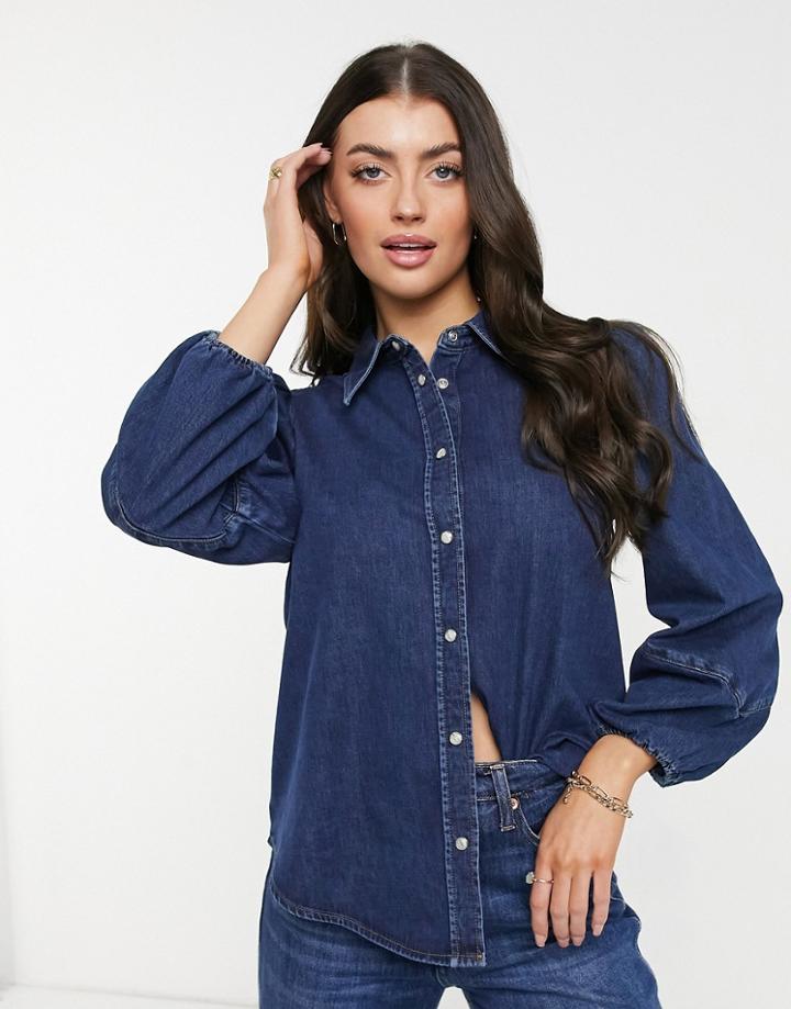 & Other Stories Organic Cotton Puff Sleeve Denim Shirt In Blue-blues