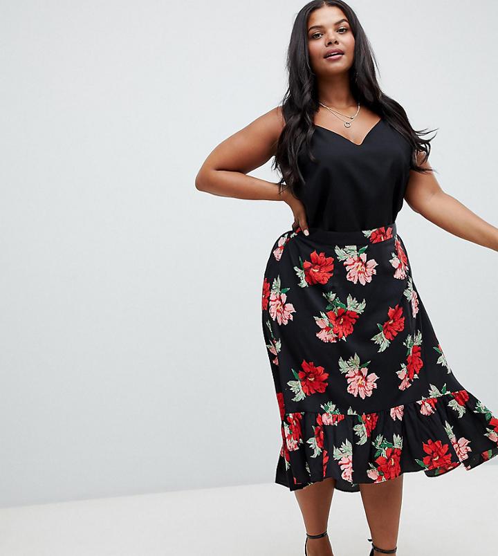 Ax Paris Plus Dark Floral Drop Hem Skirt - Multi
