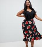 Ax Paris Plus Dark Floral Drop Hem Skirt - Multi