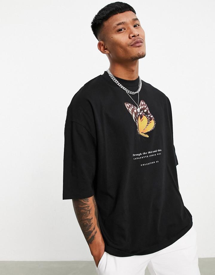 Asos Design Oversized T-shirt In Black Organic Cotton With Front Butterfly & Text Print
