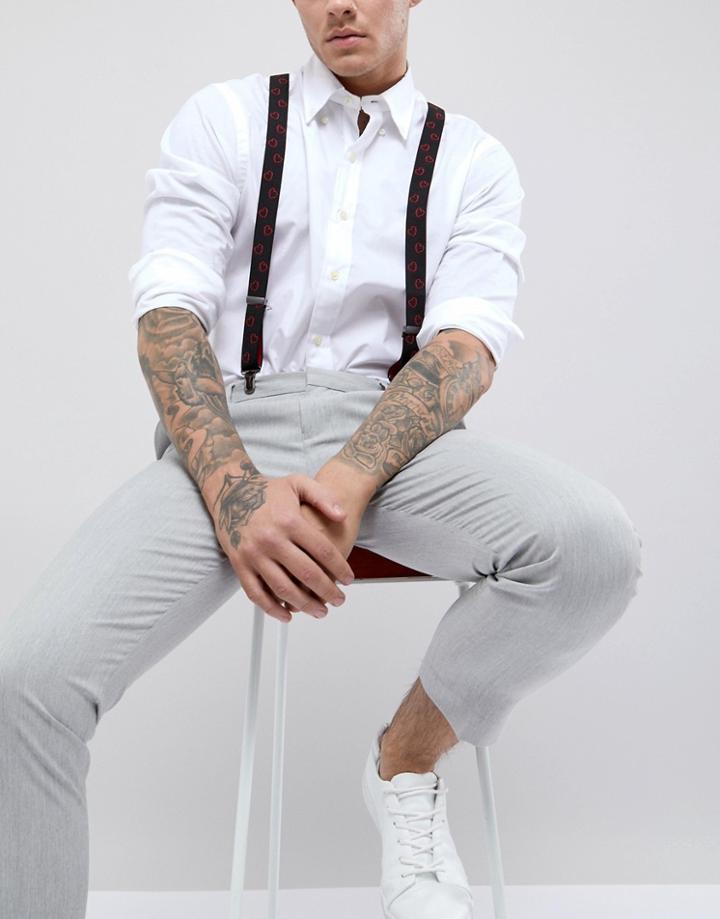 Asos Valentines Suspenders In Black With Love Hearts - Black