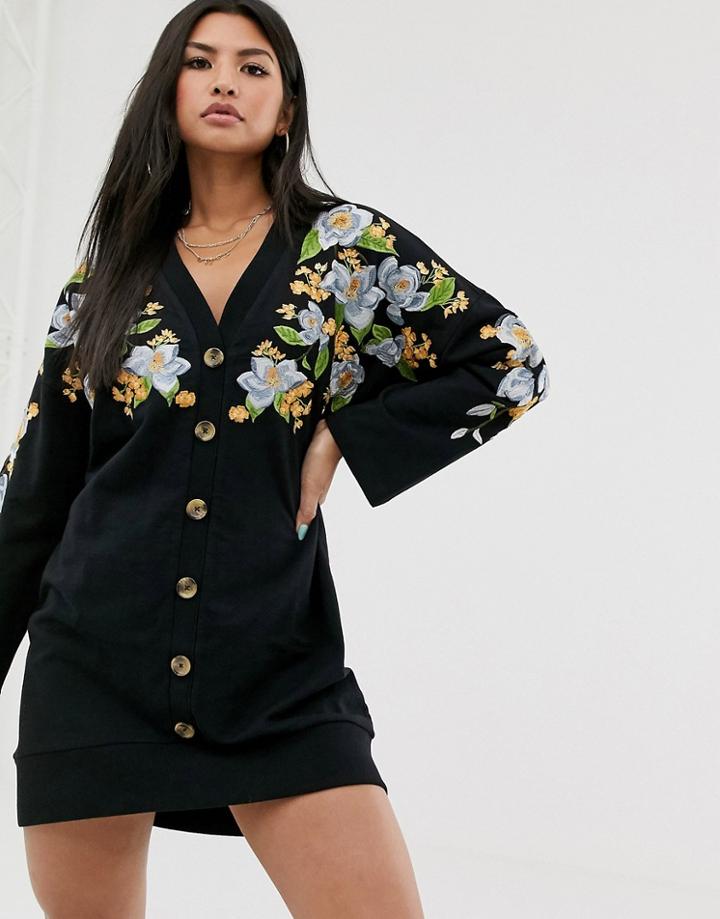 Asos Design Embroidered Sweat Button Through Mini Dress-black