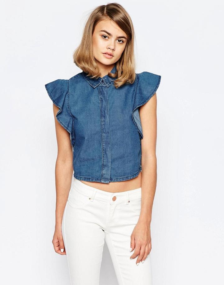 Lost Ink Frill Sleeve Denim Shirt - Blue