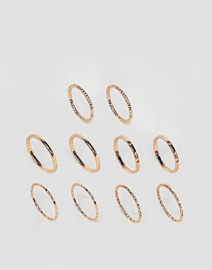 Asos Pack Of 10 Mixed Texture Rings - Gold