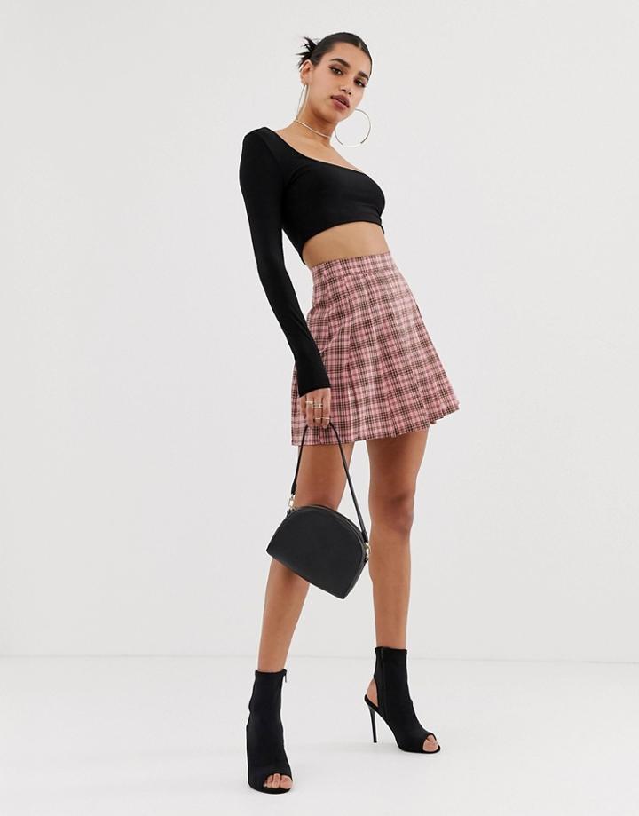 Boohoo Pleated Mini Skirt In Pink Check - Multi