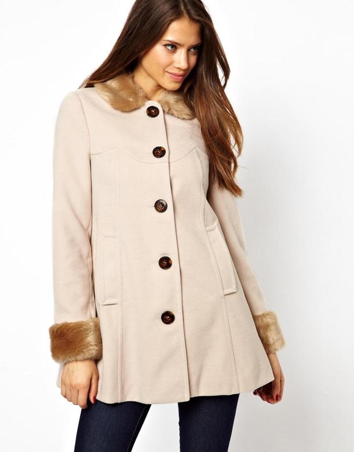Lipsy Princess Swing Coat With Faux Fur Trim Collar
