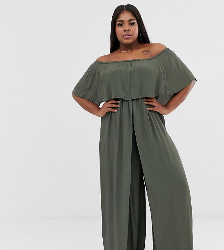 River Island Plus Bardot Jumpsuit In Khaki - Green