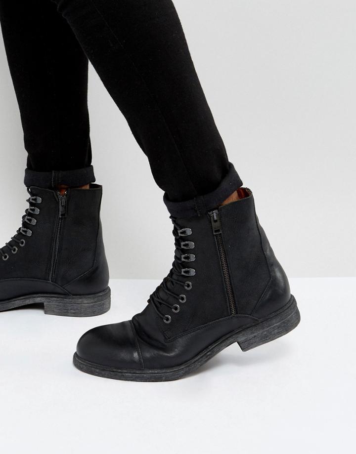 Selected Homme Trevor Leather Tall Lace Up Boots In Black - Black