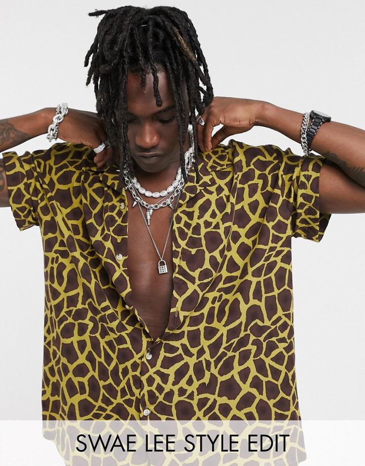 Asos Design Relaxed Fit Shirt In Giraffe Print-brown