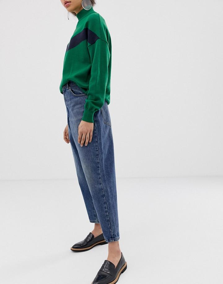 Asos Design Balloon Boyfriend Jeans In Dark Aged Mid Wash - Blue