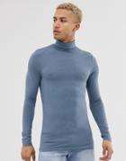 Asos Design Muscle Fit Long Sleeve Roll Neck T-shirt With Stretch - Blue