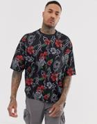 Asos Design Oversized T-shirt With All Over Tribal Print-black