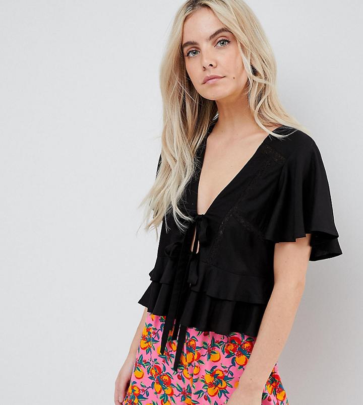 Asos Design Petite Lace Insert Tie Front Top With Ruffle Hem - Black
