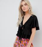 Asos Design Petite Lace Insert Tie Front Top With Ruffle Hem - Black