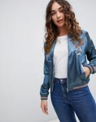 Brave Soul Dragon Bomber Jacket In Satin - Blue
