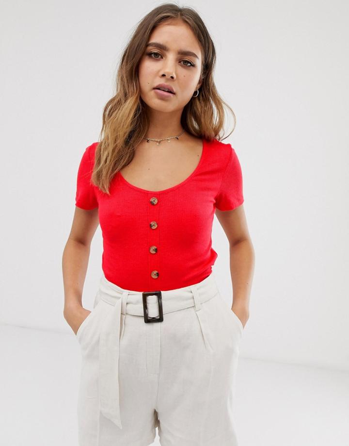Brave Soul Polly T Shirt With Buttom Through Detail - Red