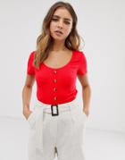 Brave Soul Polly T Shirt With Buttom Through Detail - Red