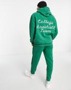 Asos Design Oversized Hoodie In Green Vintage Wash With Varsity Back Embroidery - Part Of A Set