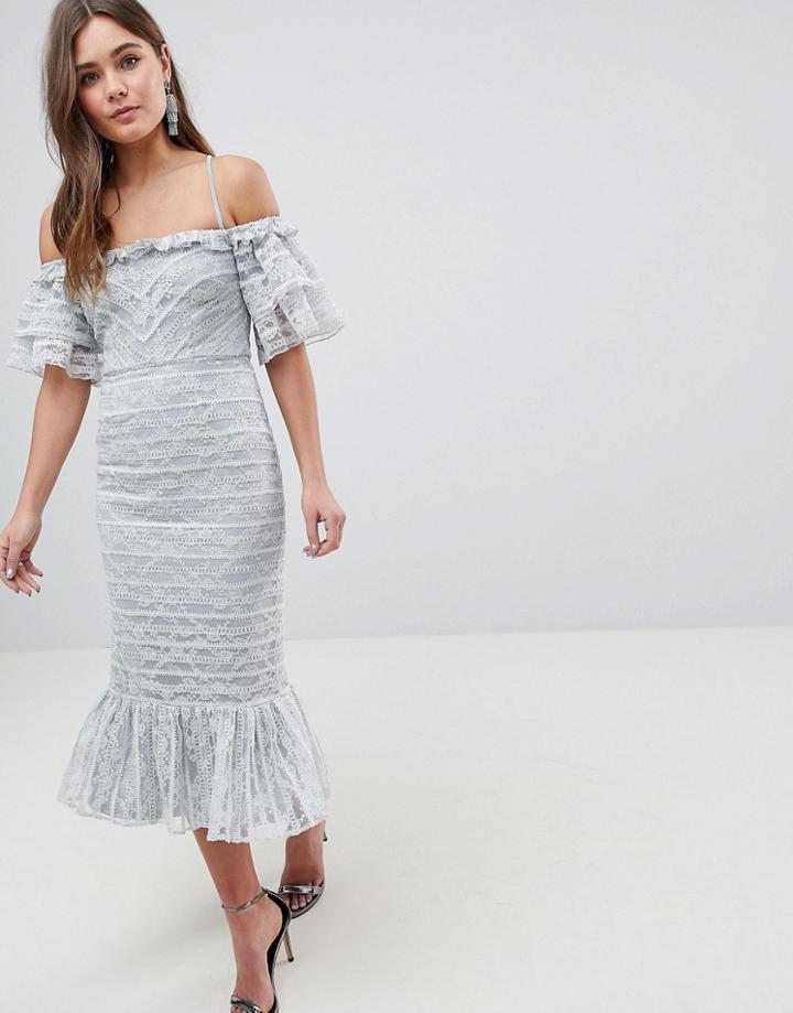 Asos Linear Lace Pencil Midi Dress With Ruffle Detail-gray
