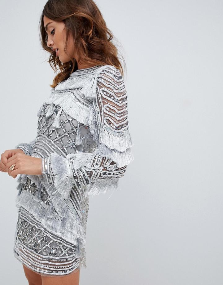 A Star Is Born Fringe Detail Mini Dress In Allover Silver Embellishment - Silver