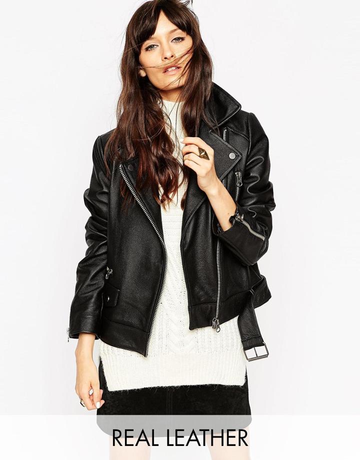 Asos Leather Biker Jacket In Boxy Fit - Black