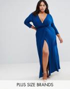 Club L Plus Wrap Slinky Maxi Dress With Long Sleeve - Blue