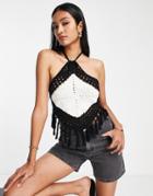 Asos Design Crochet Halter Cami Top With Tassels-black