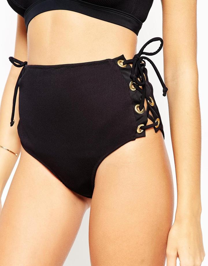Asos Eyelet Lace Up Ribbed High Waist Bikini Bottom - Black