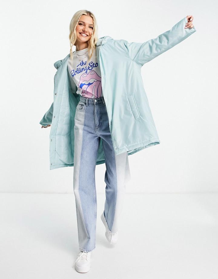 Asos Design Puffer Button Through Raincoat With Hood In Baby Blue - Mblue-blues