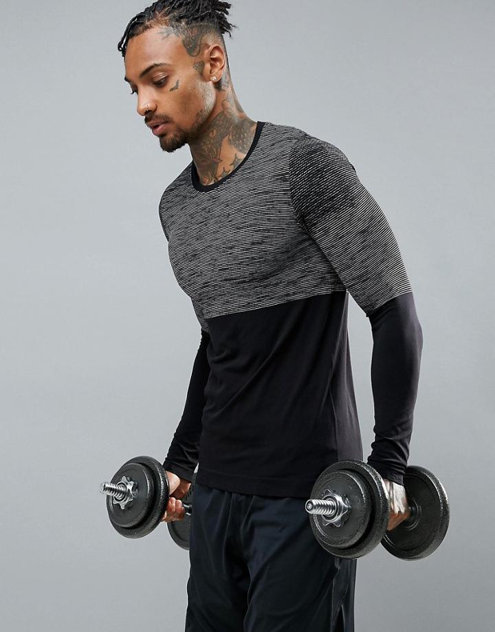 Ki5-a Long Sleeve Seamless Color Block Top - Black