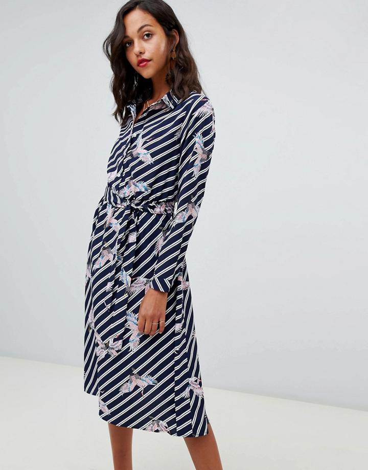 Liquorish Midi Shirt Dress In Stripe And Bird Print - Navy