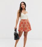 Asos Design Petite Mini Skirt With Box Pleat In Orange Scarf Print - Multi