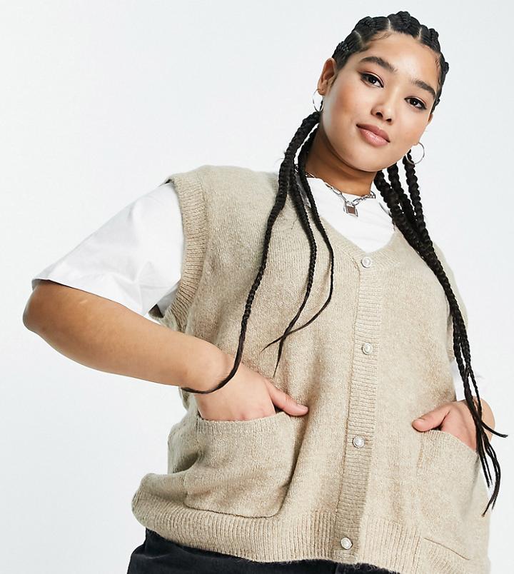 Only Curve Pearl Button Lightweight Knitted Vest In Camel-neutral