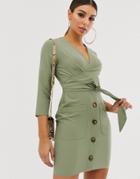 Asos Design Button Through Tie Wrap Around Mini Dress-green