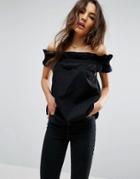 Asos Off Shoulder Top In Cotton With Ruched Edge - Black