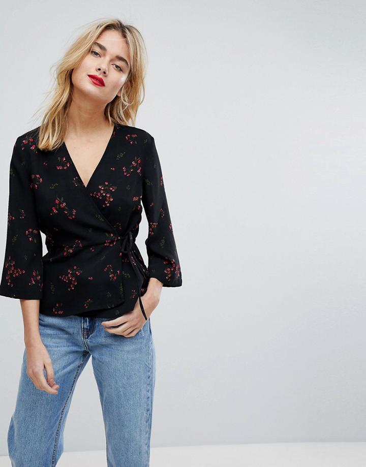 Vero Moda Floral Printed Wrap Top - Black