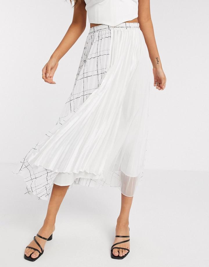 Asos Design Pleated Midi Skirt With Check Print Detail In White